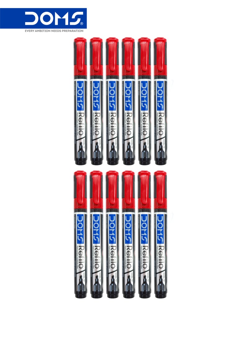 DOMS Permanent Marker Pen, Red Ink, Chisel Tip, Refillable, Pack of 12 - Image 1